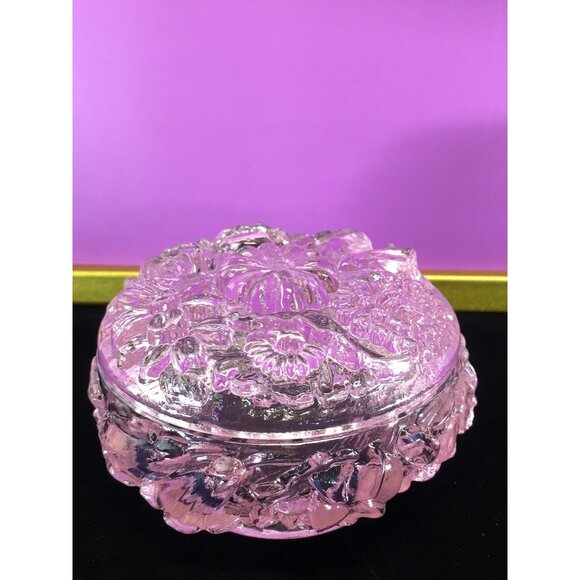 Vintage Fenton Art Glass Powder Jar Trinket Box with Lid Transparent Pink Floral - Picture 15 of 16